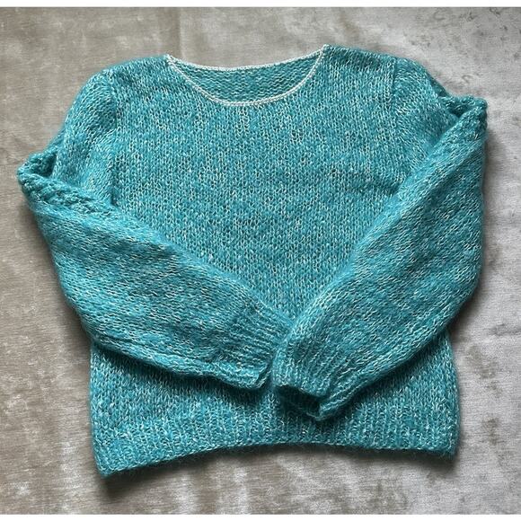 Vintage mohair Blend Sweater Woman Crew Blue Teal Turquoise White Wide Sleeves - Picture 4 of 16